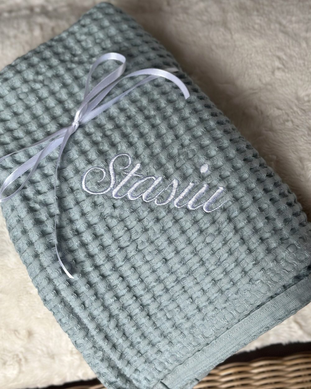 Kocyk wafel lniano-bawełniany z personalizacją niebieski